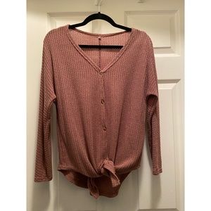 Womens Waffle Knit Tunic Blouse Tie Knot